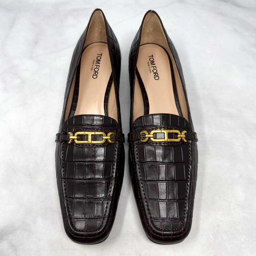 NEW Tom Ford Whitney Croc Embossed Leather Chain Squared Loafer Flats Brown 42